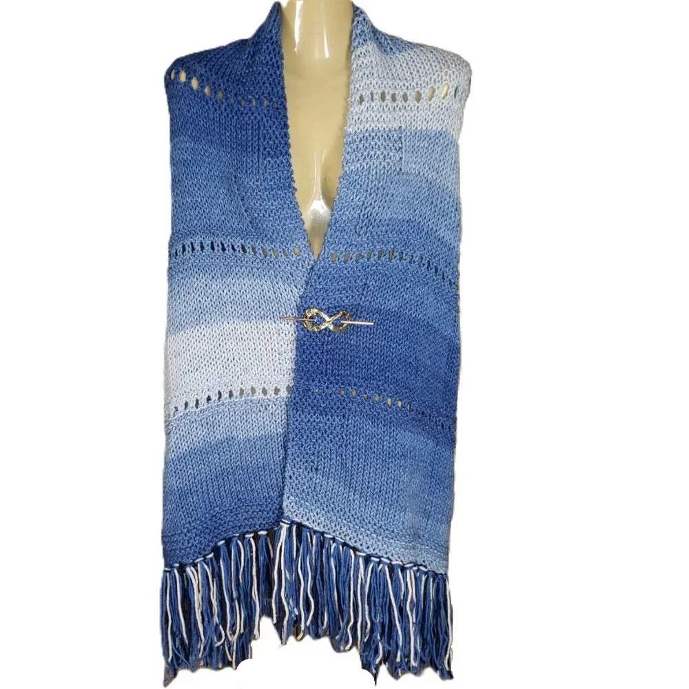 NEW Blue‎ Ombre Knit Shawl Wrap Eyelet Scarf Boho Hippie Coastal Cottage Indie